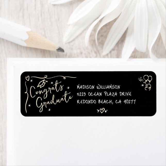Black Gold Hand Drawn Doodle Graduation Address Label (Insitu)