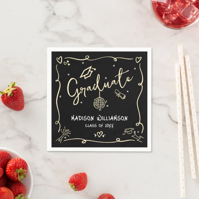 Black Gold Hand Drawn Doodles Style Fun Graduation Napkins (Insitu)