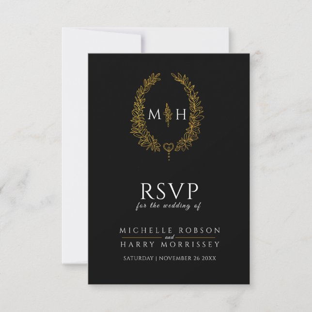 Black gold hand drawn leaf monogram RSVP wedding (Front)