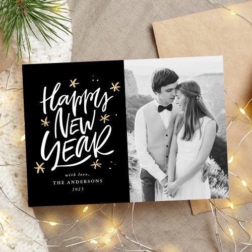 Black  Gold Hand_Lettered Happy New Year Photo Holiday Card