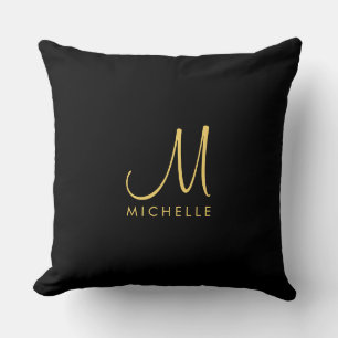 Black & Gold Handwritten Monogram Name Template Throw Pillow