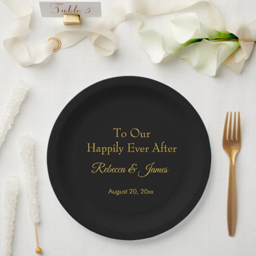 Black  Gold Happily Ever After Wedding Party Paper Plates
