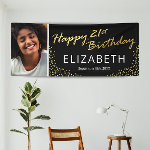 Black Gold Happy 21st Birthday Photo Banner