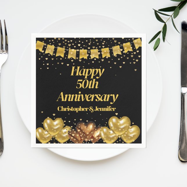  Black & Gold Happy 50th Wedding Anniversary Napkins (Creator Uploaded)