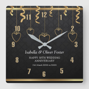 Black & Gold Happy 50th Wedding Anniversary Square Wall Clock