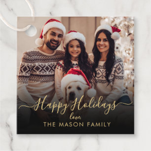 Black Gold Happy Holidays Script Family Photo Favor Tags