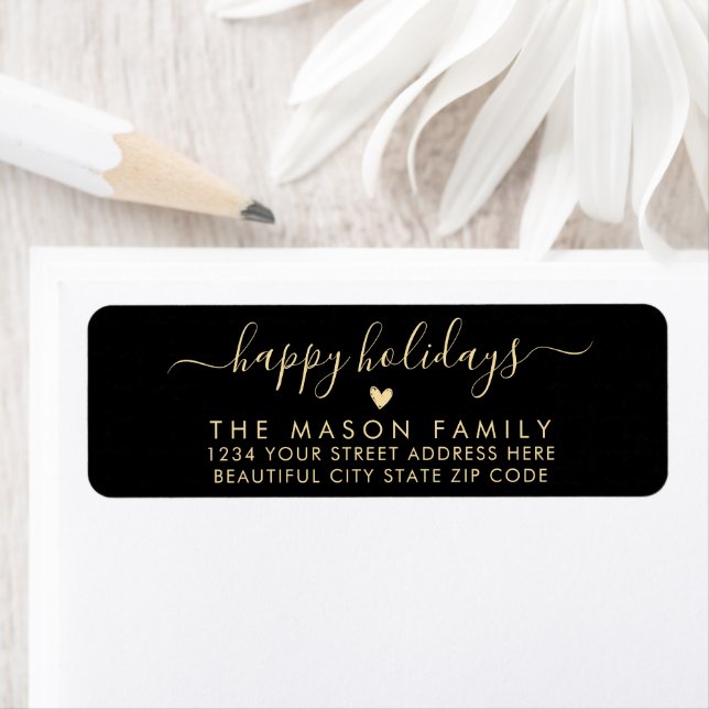 Black Gold Happy Holidays Script Return Address Label (Insitu)