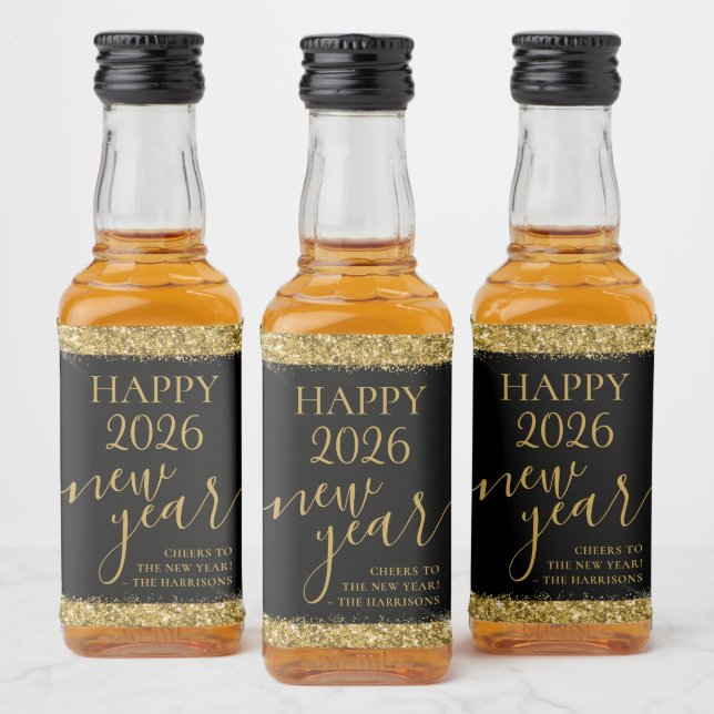 Black Gold Happy New Year 2026 Custom Gift Liquor Bottle Label (Bottles)