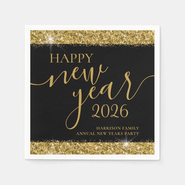 Black Gold Happy New Year 2026 Custom Napkins (Front)