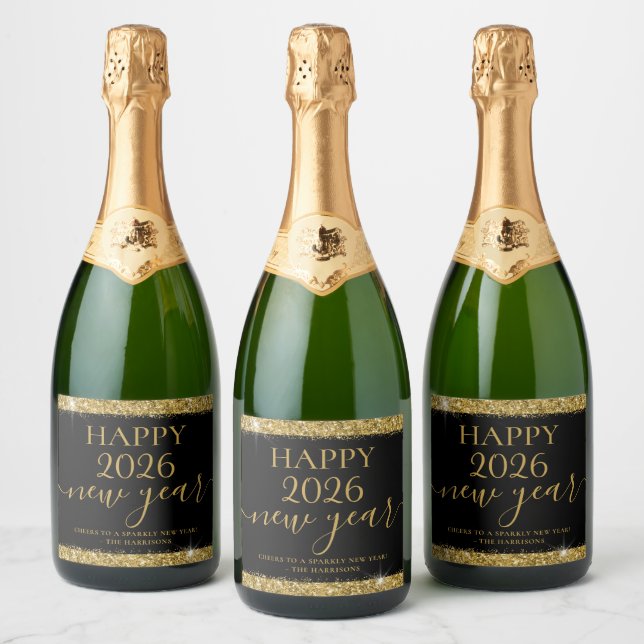 Black Gold Happy New Year 2026 Personalized Sparkling Wine Label (Bottles)