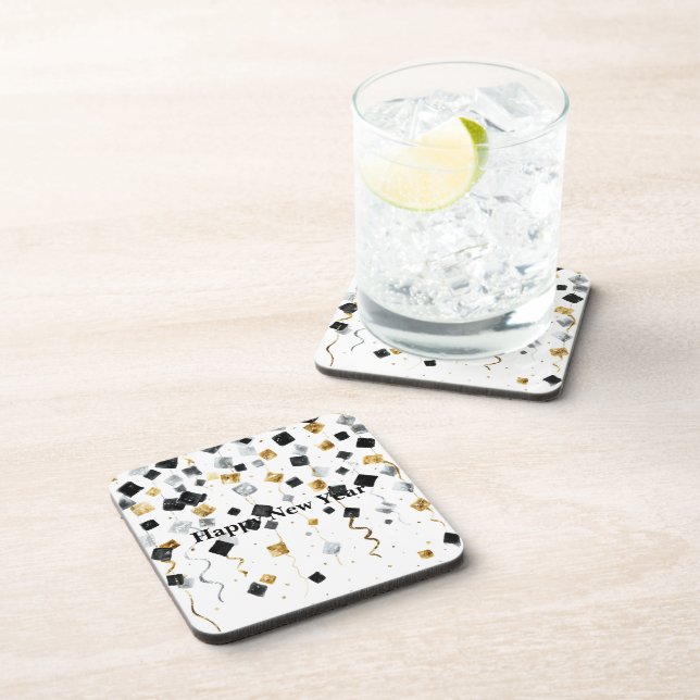 Black Gold Happy New Year Confetti Beverage Coaster (Right Side)