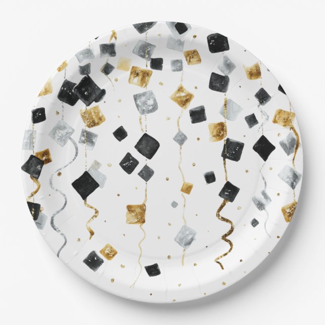 Black Gold Happy New Year Confetti Paper Plates (Front)