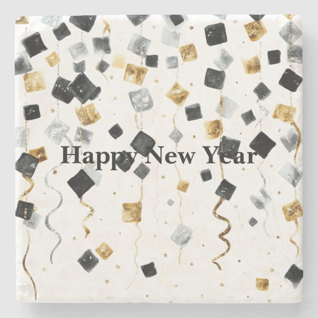 Black Gold Happy New Year Confetti Stone Coaster (Front)