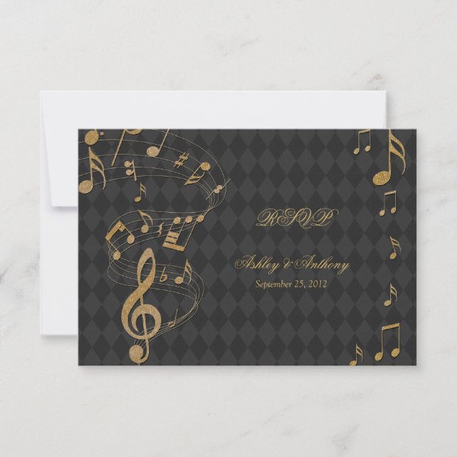 Black Gold Harlequin Music Notes Wedding RSVP card (Front)