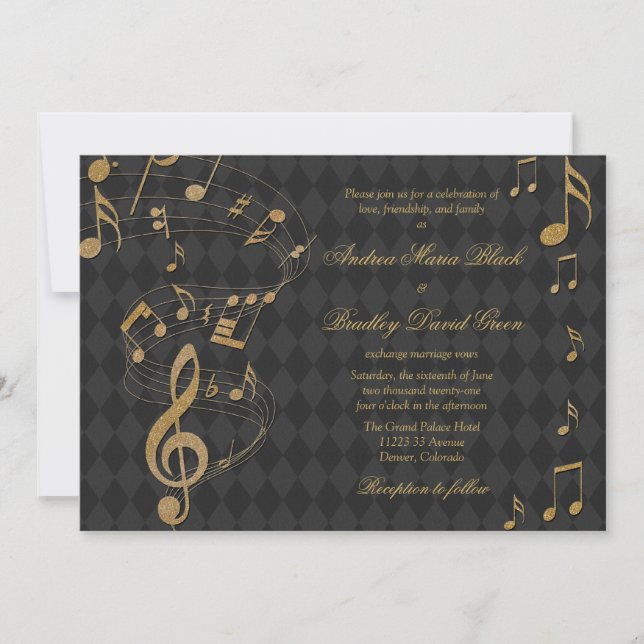 Black Gold Harlequin Music Wedding Invitation (Front)
