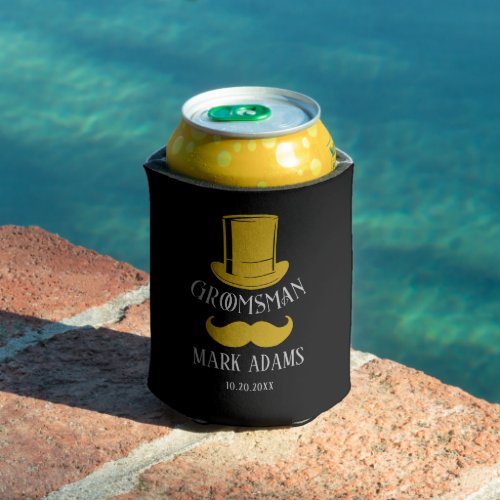 Black Gold Hat Mustache Gentleman Groomsmen Gift Can Cooler