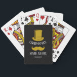 Black Gold Hat Mustache Gentleman Groomsmen Gift Poker Cards<br><div class="desc">Celebrate your special day with this exquisite modern era-inspired Playing Card Groomsmen Gifts, the perfect blend of classic elegance and contemporary flair. These meticulously designed playing cards are more than just a deck; they are a customized, personalized gift that adds a touch of sophistication to weddings, bachelor parties, engagement parties,...</div>