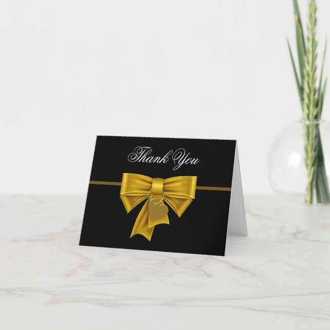 Black Gold Heart Bow Thank You Cards (Front)