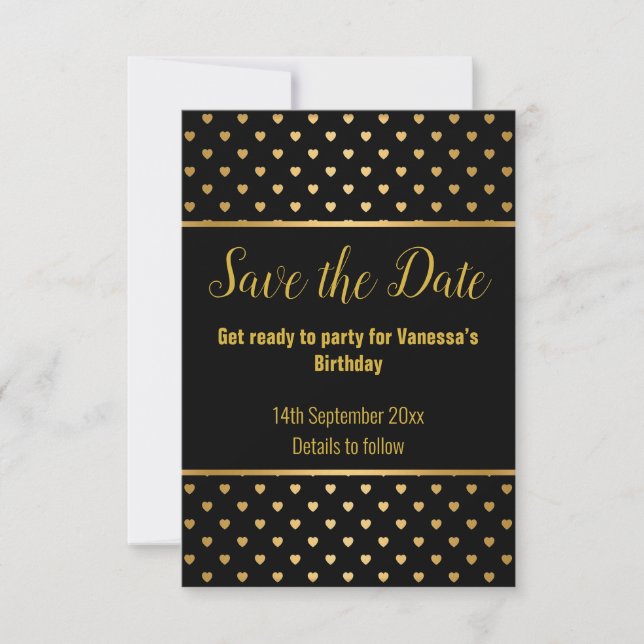 BLACK GOLD HEART PATTERN SAVE THE DATE RSVP CARD (Front)