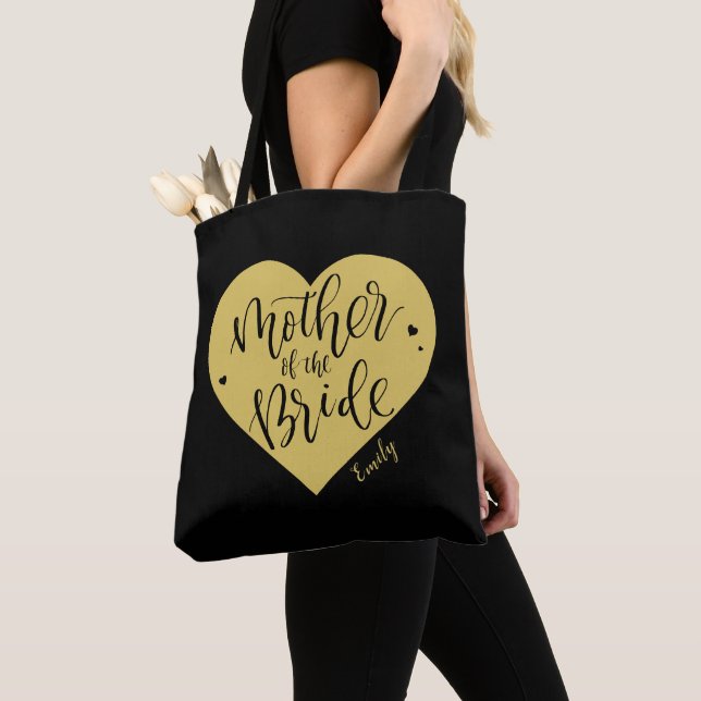 Black gold heart & script mother of the bride tote bag (Close Up)