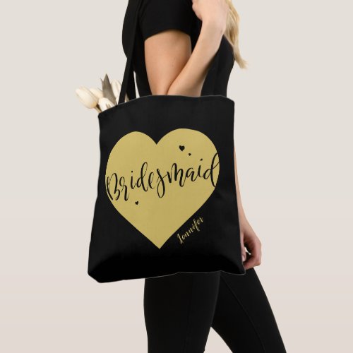 Black gold heart  script personalized bridesmaid tote bag