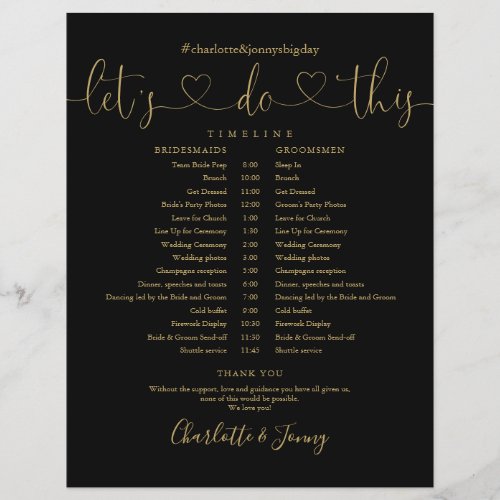 Black Gold Heart Script Wedding Schedule Timeline - This stylish wedding schedule-timeline can be personalized with your wedding details in chic gold lettering on a black background. Designed by Thisisnotme©
