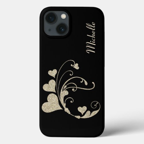 Black Gold Heart Swirl Faux Glitter iPhone 13 Case
