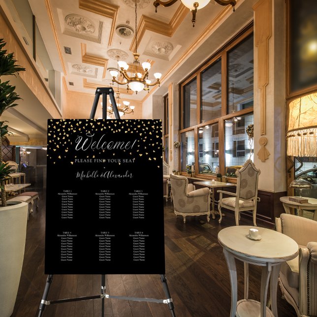 Black gold hearts modern wedding 6 seating chart foam board (Creator Uploaded)
