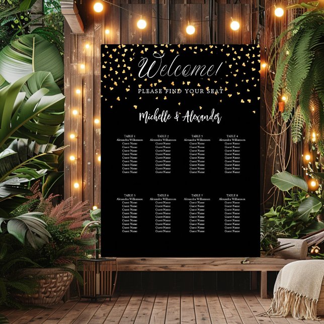 Black gold hearts modern wedding 9 seating chart (Creator Uploaded)