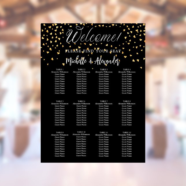 Black gold hearts modern wedding seating chart (Creator Uploaded)