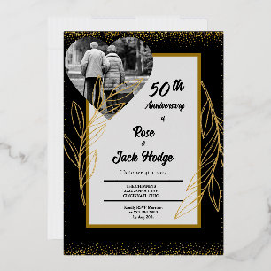 Black Gold Hearts Photo 50th anniversary Foil Invitation