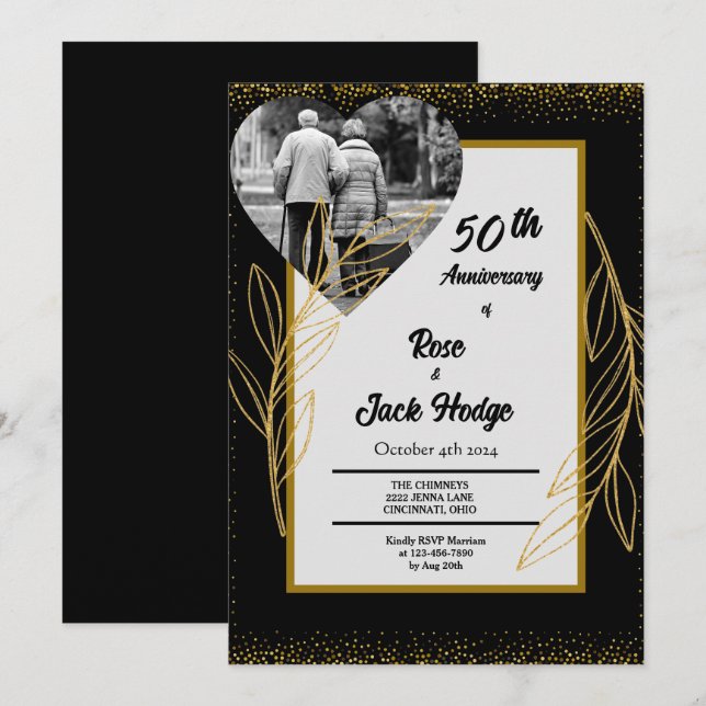 Black Gold Hearts Photo 50th Wedding Anniversary Invitation (Front/Back)