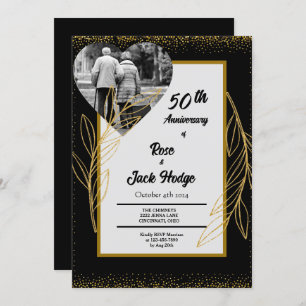 Black Gold Hearts Photo 50th Wedding Anniversary Invitation