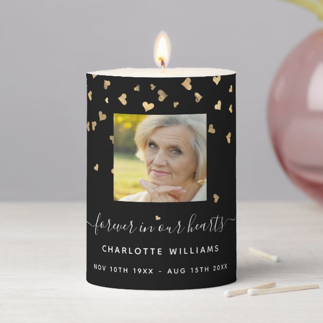 Black gold hearts photo funeral memorial pillar candle (In Situ)