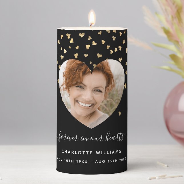 Black gold hearts photo funeral memorial  pillar candle (In Situ)
