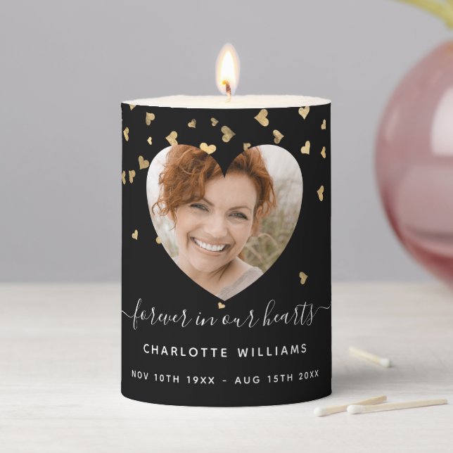 Black gold hearts photo funeral memorial pillar candle (In Situ)