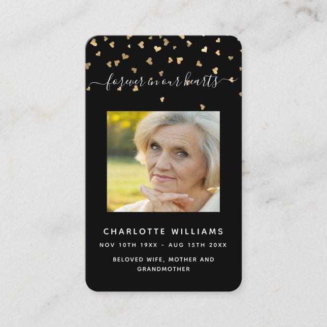 Black gold hearts photo funeral prayer card (Front)