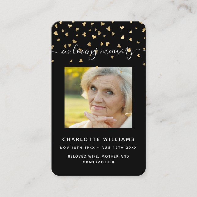 Black gold hearts photo funeral prayer card (Front)