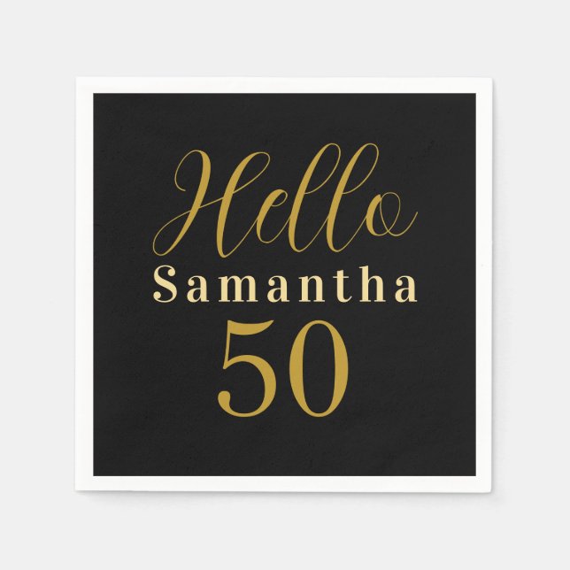 Black Gold Hello 50 Personalized 50th Birthday Napkins (Front)