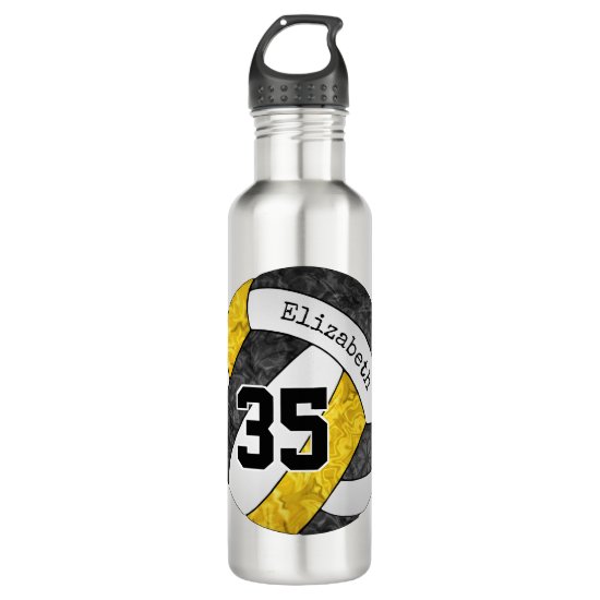Black gold her volleyball team colors name number stainless steel water bottle