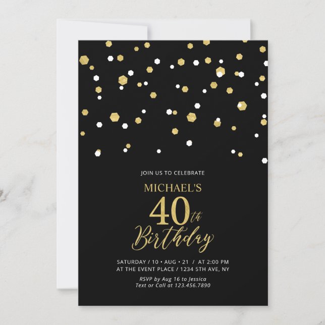 Black & Gold Hexagon Confetti 40th Birthday Party Invitation (Front)