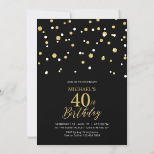 Black & Gold Hexagon Confetti 40th Birthday Party Invitation