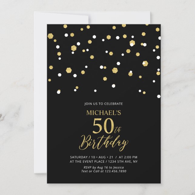 Black & Gold Hexagon Confetti 50th Birthday Party Invitation (Front)