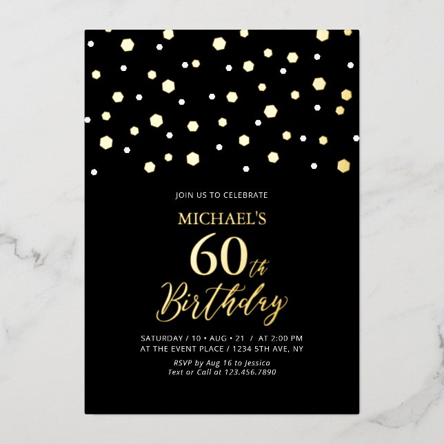 Black & Gold Hexagon Confetti 60th Birthday Party  Foil Invitation (Front)
