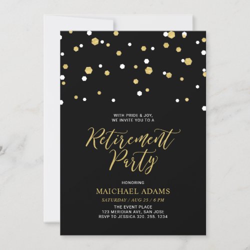 Black  Gold  Hexagon Confetti Retirement Party Invitation