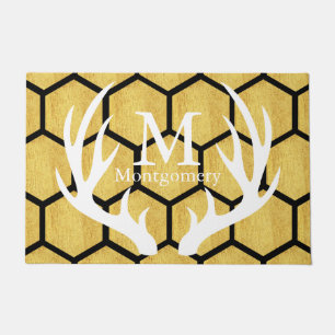 Black & Gold Hexagons Deer Antlers Family Name Doormat
