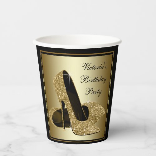 Black Gold High Heel Shoe Birthday Paper Cups