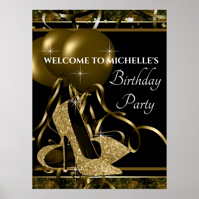 Black Gold High Heel Shoe Birthday Party Sign (Front)