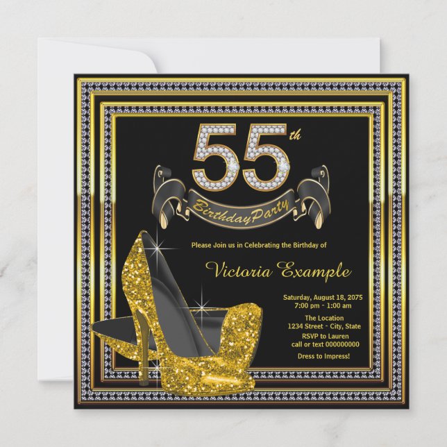 Black Gold High Heel Womans 55th Birthday Party Invitation (Front)