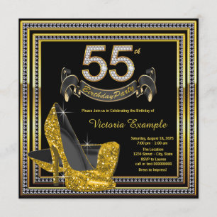 Black Gold High Heel Womans 55th Birthday Party Invitation